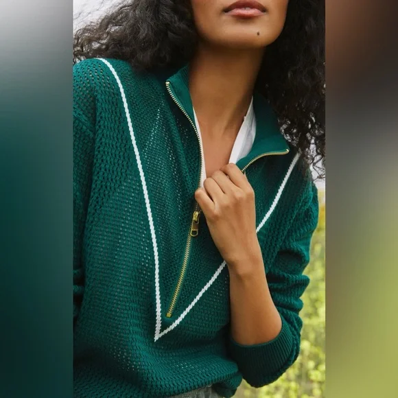 Varley Green Half-Zip Textured Sweater with White Trim - Picture 2 of 9